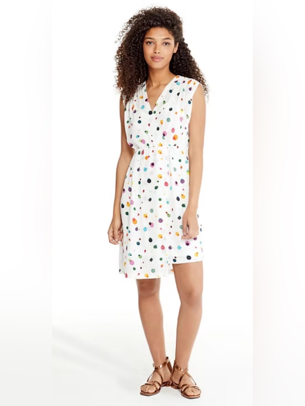 Cop.Copine White Sleeveless V-Neck Multicoloured Polka Dot Mini Dress